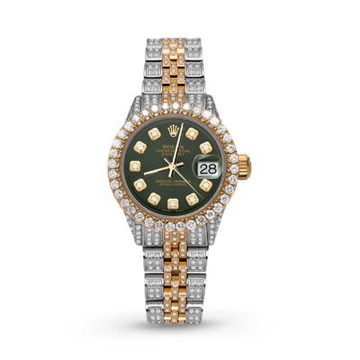 Women Rolex Datejust Diamond Bezel Watch 26mm Green Dial | 6.20ct
