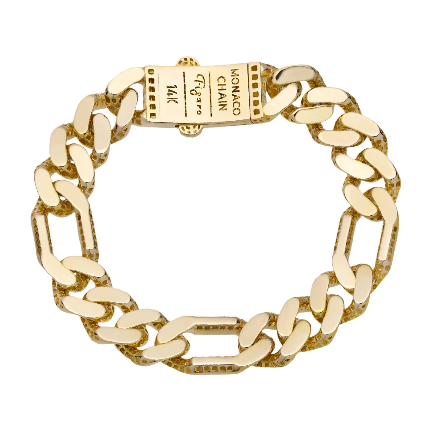 11mm Monaco Chain Figaro Royal Plain Link Bracelet 14K Yellow Gold - Hollow