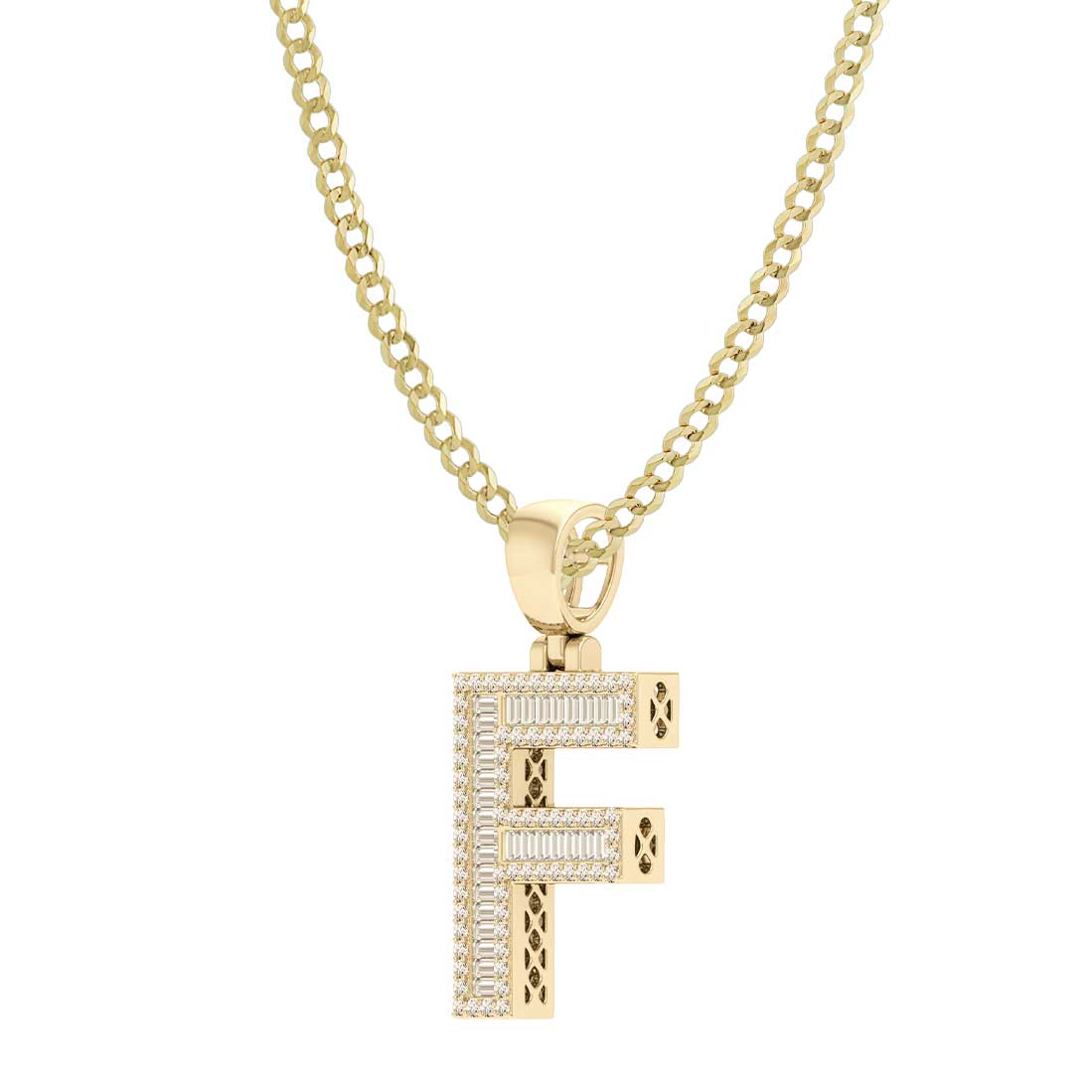 Women's Baguette & Round Cut Diamond "F" Initial Pendant Necklace 0.43ct 14K Gold