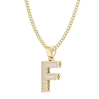 Baguette & Round Cut Diamond "F" Initial Pendant Necklace 0.43ct 14K Gold