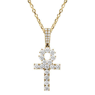 1 1/4" Ankh Cross Round-Cut 1.28ct Diamond Pendant Necklace 14K Gold