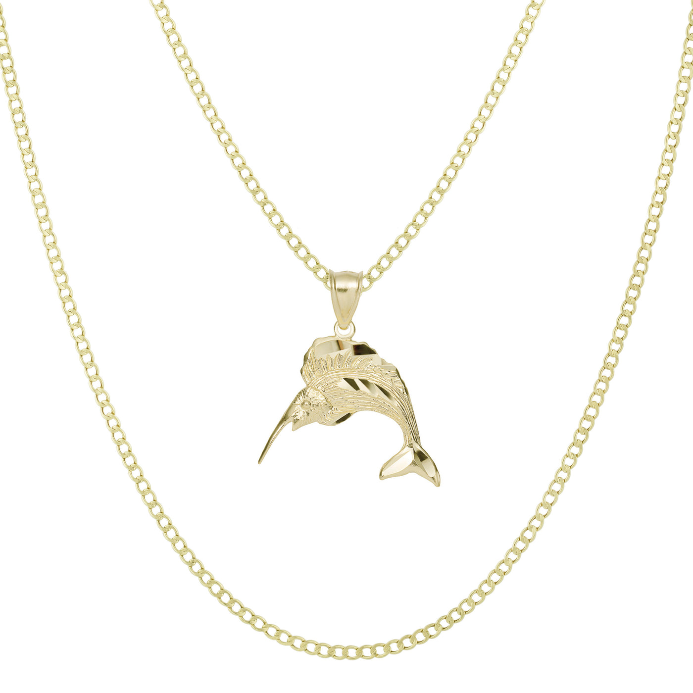 1 1/4" Diamond Cut Swordfish Pendant & Chain Necklace Set 10K Yellow Gold