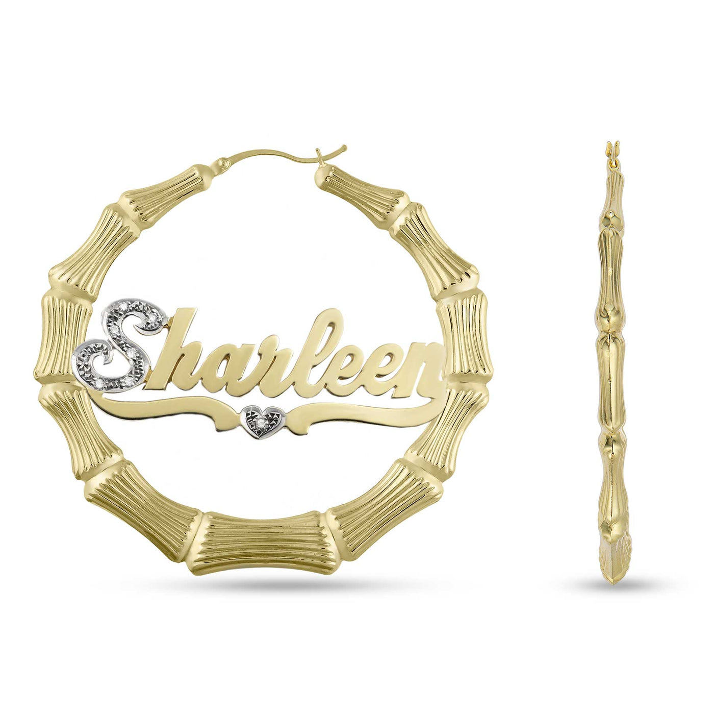 Ladies Diamond Script Name Plate Bamboo Hoop Earrings 14K Gold - Style 41