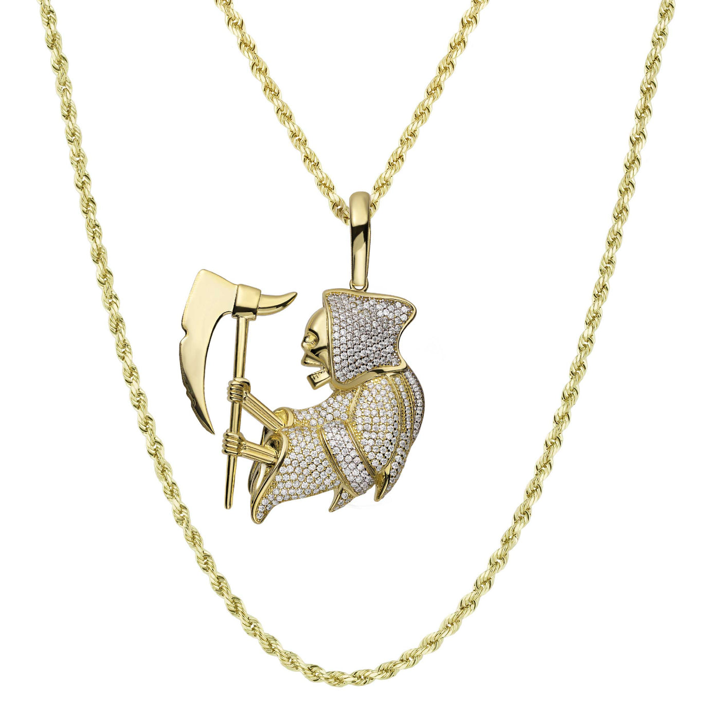 2" CZ Angel of Death Reaper Pendant & Chain Necklace Set 10K Yellow Gold