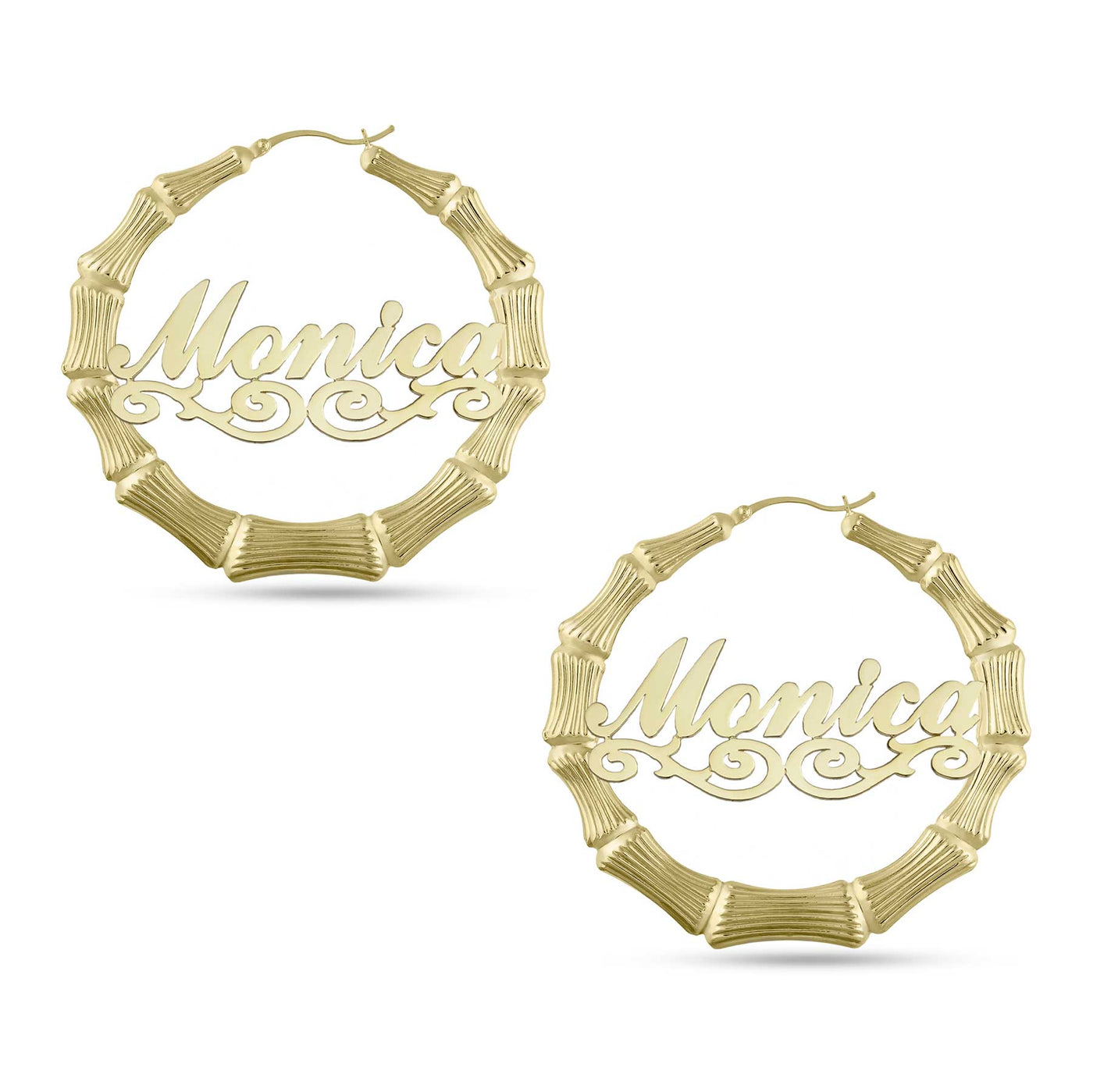 Ladies Script Name Plate Bamboo Hoop Earrings 14K Gold - Style 16
