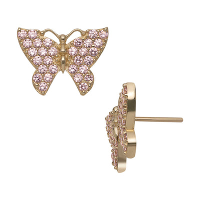 1/2" CZ Pink Butterfly Stud Earrings 10K Yellow Gold