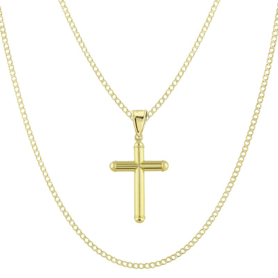2 1/4" Diamond Cut Cross Tube Pendant & Chain Necklace Set 14K Yellow White Gold