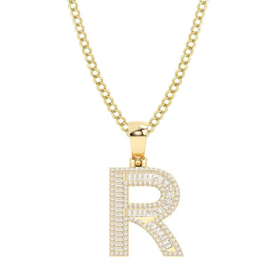 Baguette & Round Cut Diamond "R" Initial Pendant Necklace 0.67ct 14K Gold