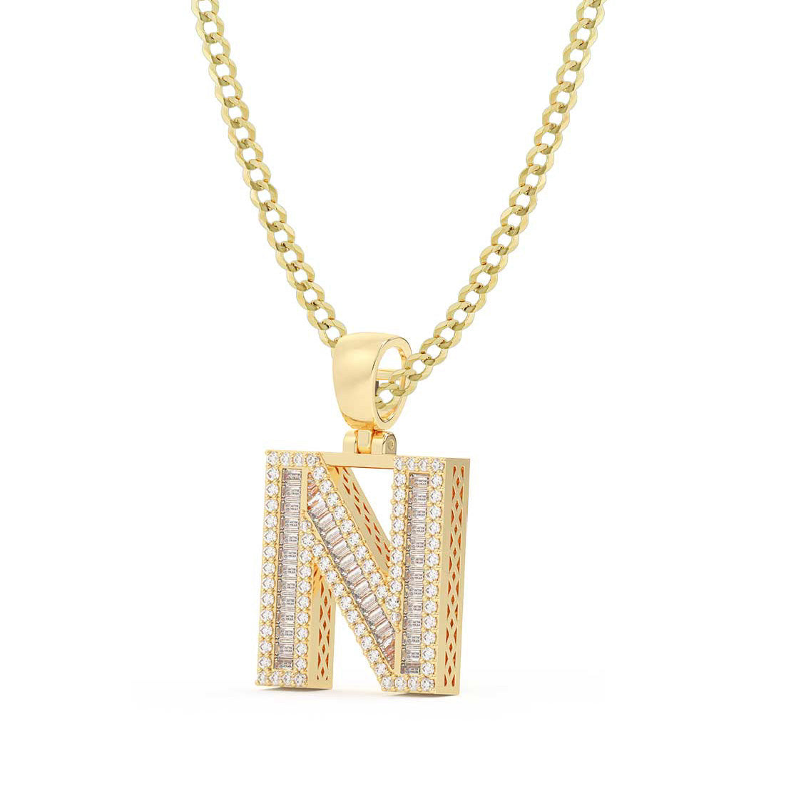 Baguette & Round Cut Diamond "N" Initial Pendant Necklace 0.63ct 14K Gold