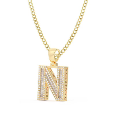Baguette & Round Cut Diamond "N" Initial Pendant Necklace 0.63ct 14K Gold