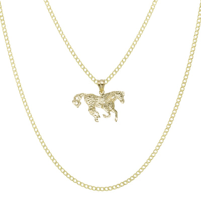 7/8" Diamond Cut Horse Pendant & Chain Necklace Set 10K Yellow Gold