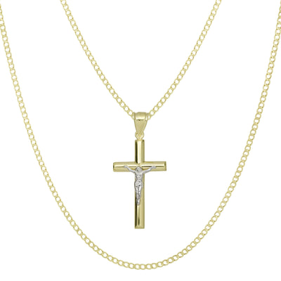 1 3/4" Jesus Cross Crucifix Pendant & Chain Necklace Set 10K Yellow White Gold