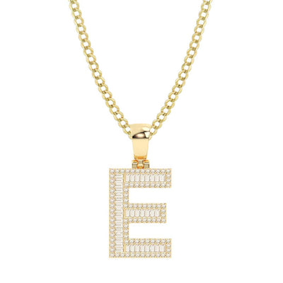 Baguette & Round Cut Diamond "E" Initial Pendant Necklace 0.31ct 14K Gold