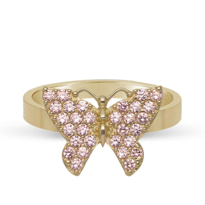 Women's Pink CZ Butterfly Ring 10K Yellow Gold