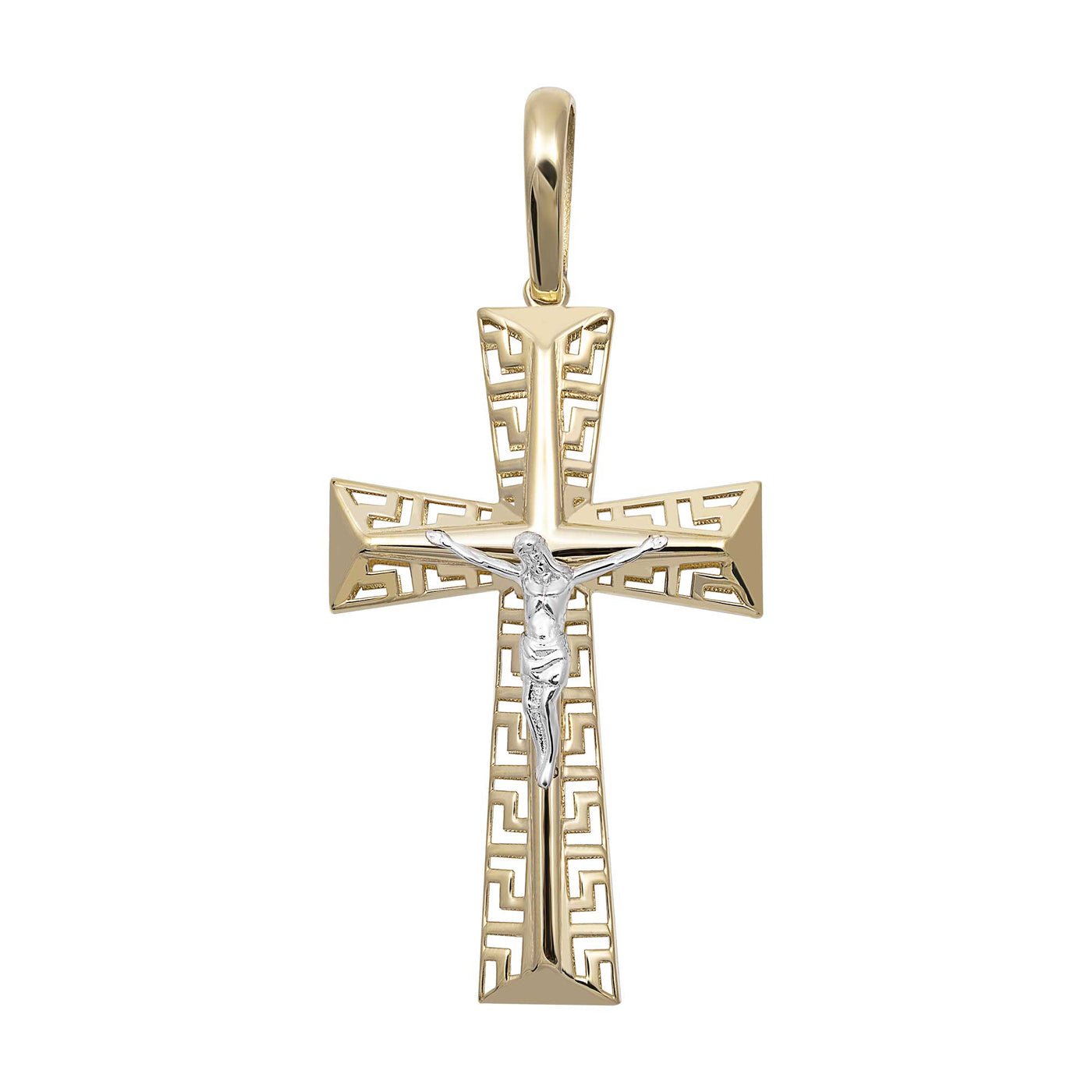 Greek Key Crucifix Jesus Cross Pendant 10K Yellow Gold