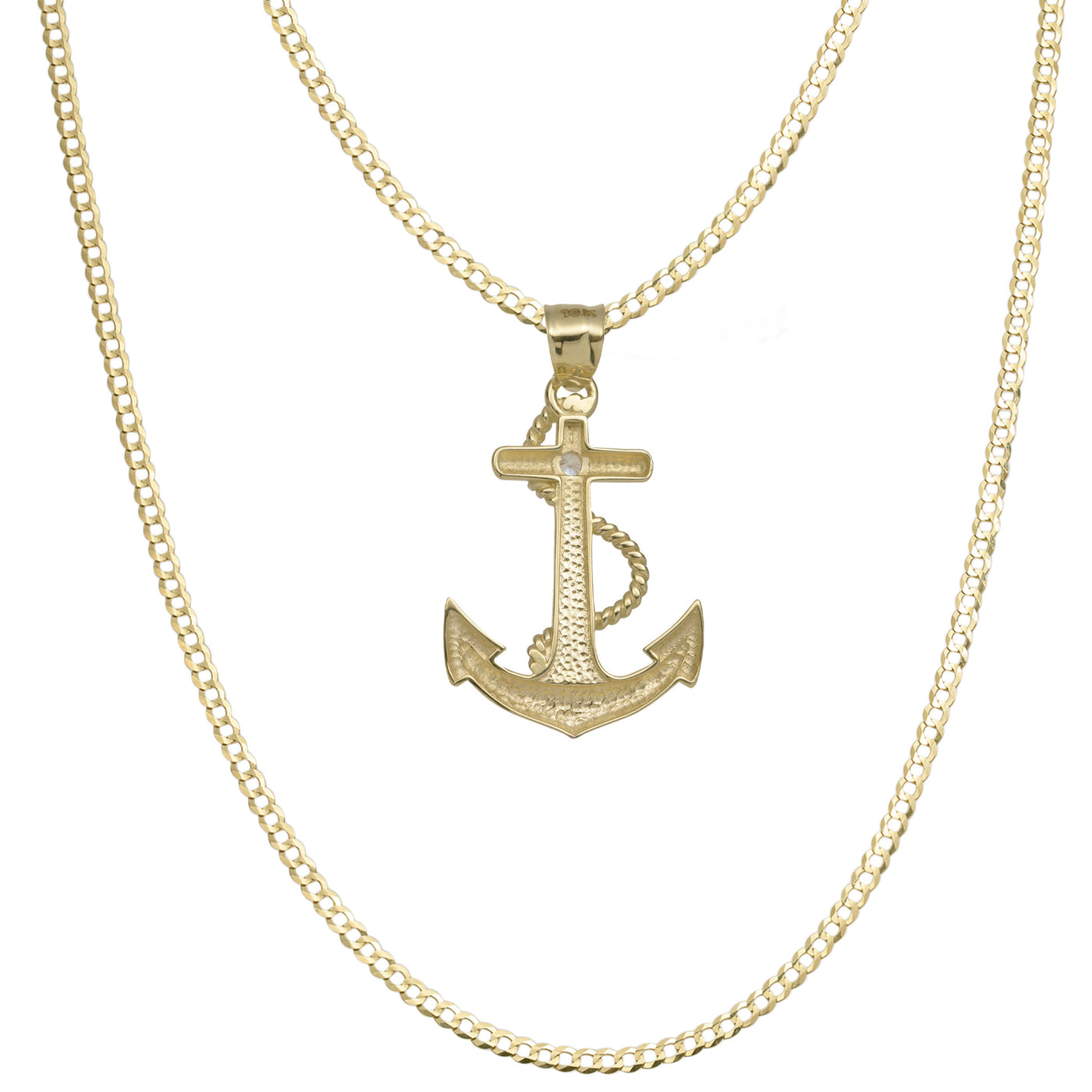 CZ Anchor Pendant & Chain Necklace Set 10K Yellow Gold