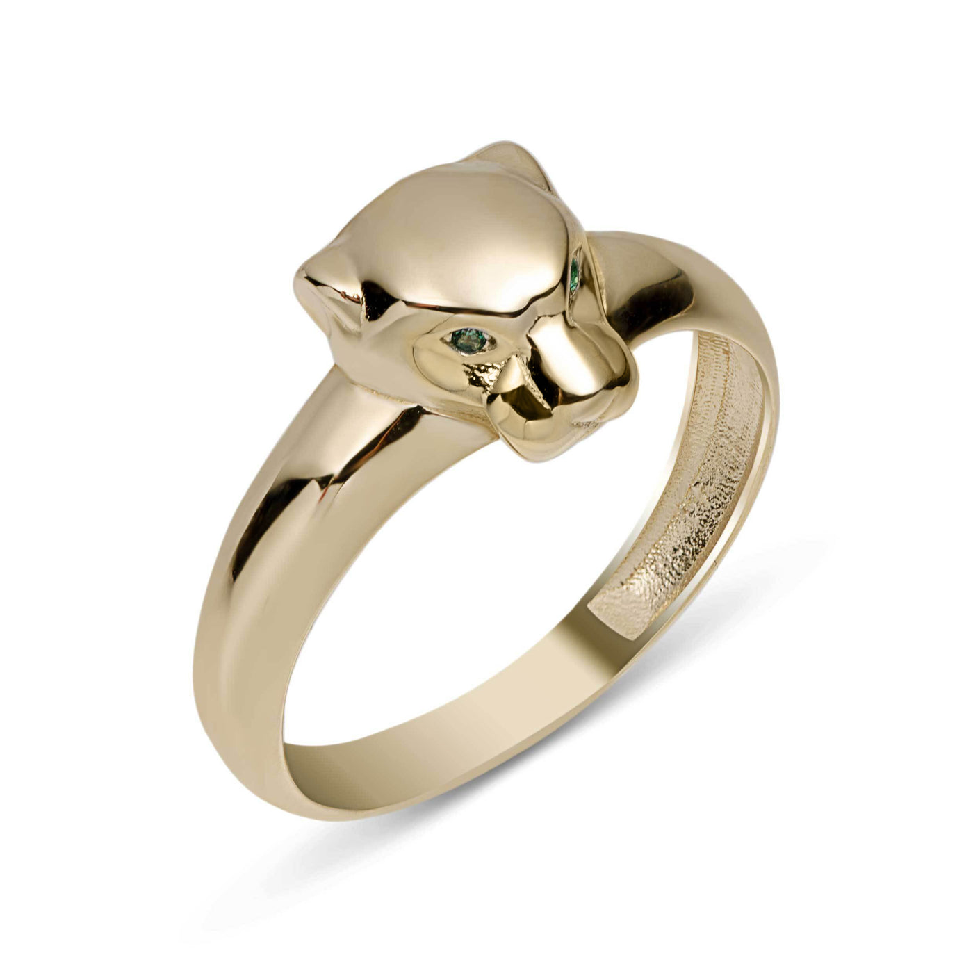 Panther Head with Green Eyes Ring Solid 14K Yellow Gold