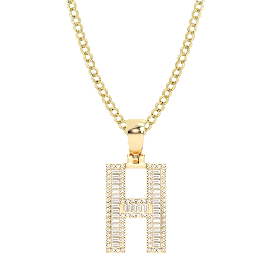 Baguette & Round Cut Diamond "H" Initial Pendant Necklace 0.57ct 14K Gold