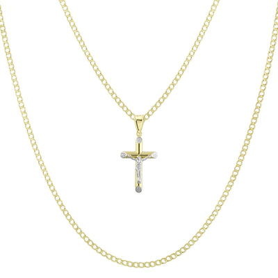 1 3/4" Jesus Cross Crucifix Pendant & Chain Necklace Set 14K Yellow White Gold