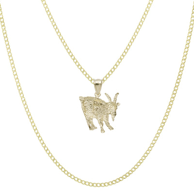 1 1/4" Diamond Cut Goat Pendant & Chain Necklace Set 10K Yellow Gold