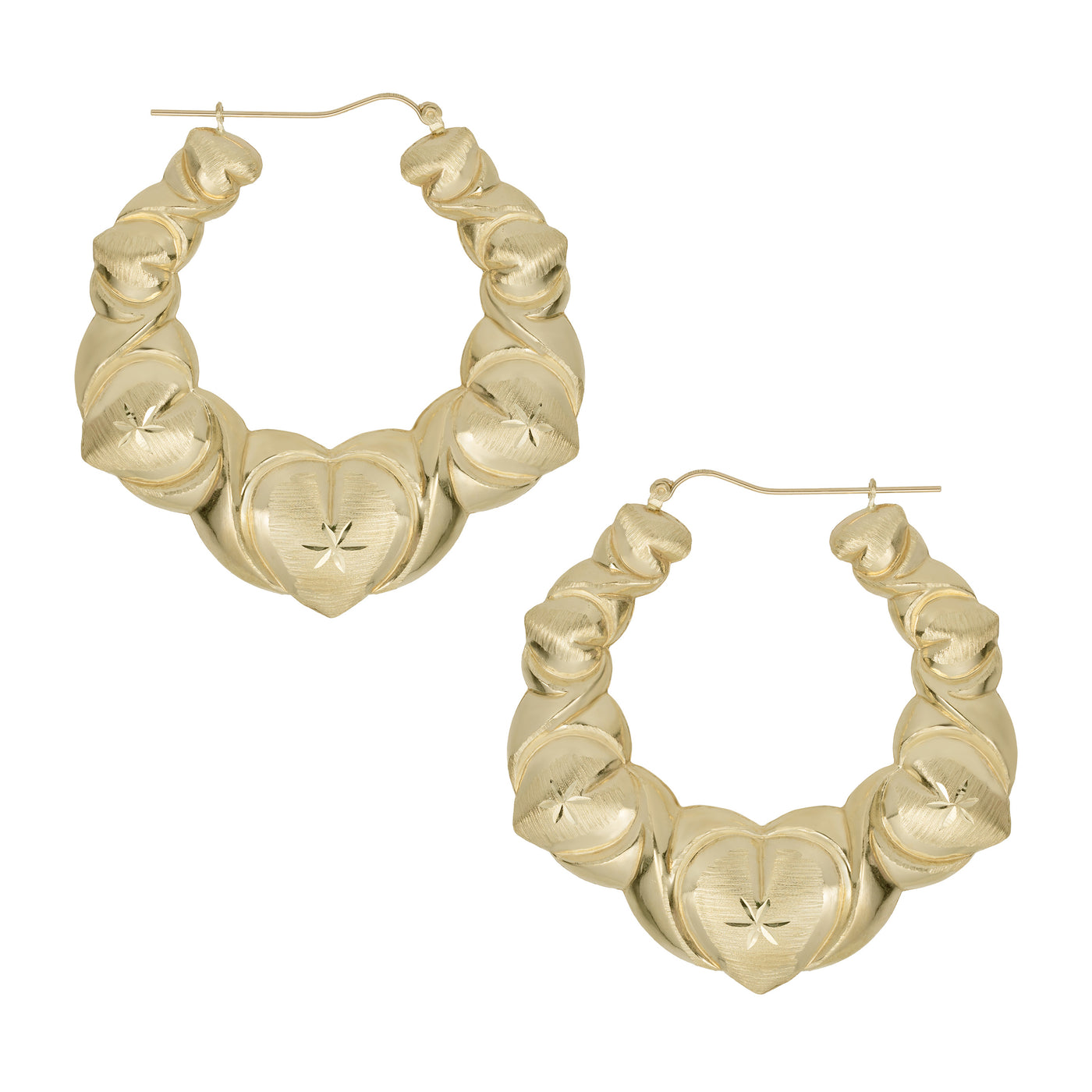 2 1/4" Textured Graduated Heart Hoop Earrings 10K Yellow Gold