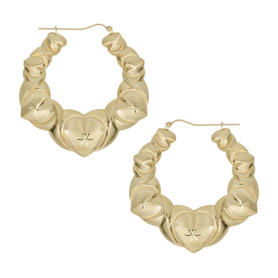 2 1/4" Textured Graduated Heart Hoop Earrings 10K Yellow Gold