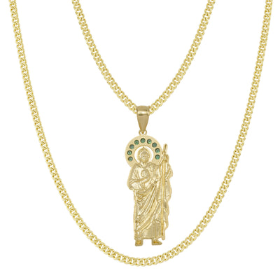 2 1/4" Saint Jude with Emerald CZ Halo Pendant & Chain Necklace Set 10K Yellow Gold