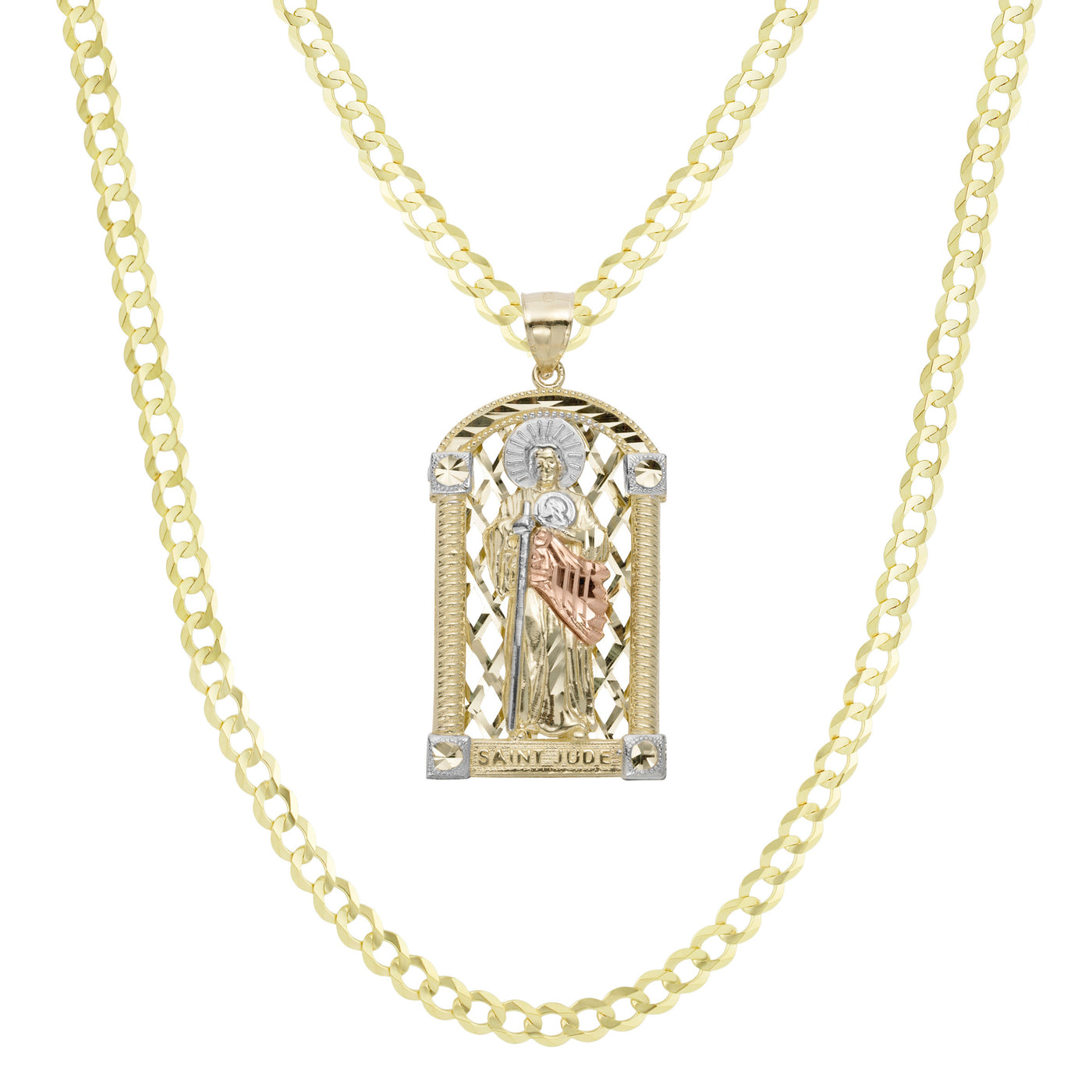 2" Diamond Cut Saint Jude Pendant & Chain Necklace Set 10K Yellow Gold