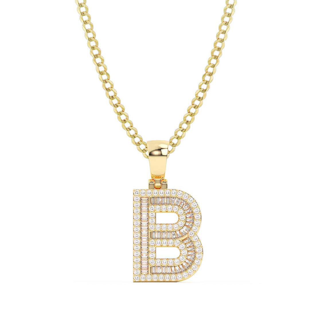 Baguette & Round Cut Diamond "B" Initial Pendant Necklace 0.62ct 14K Gold