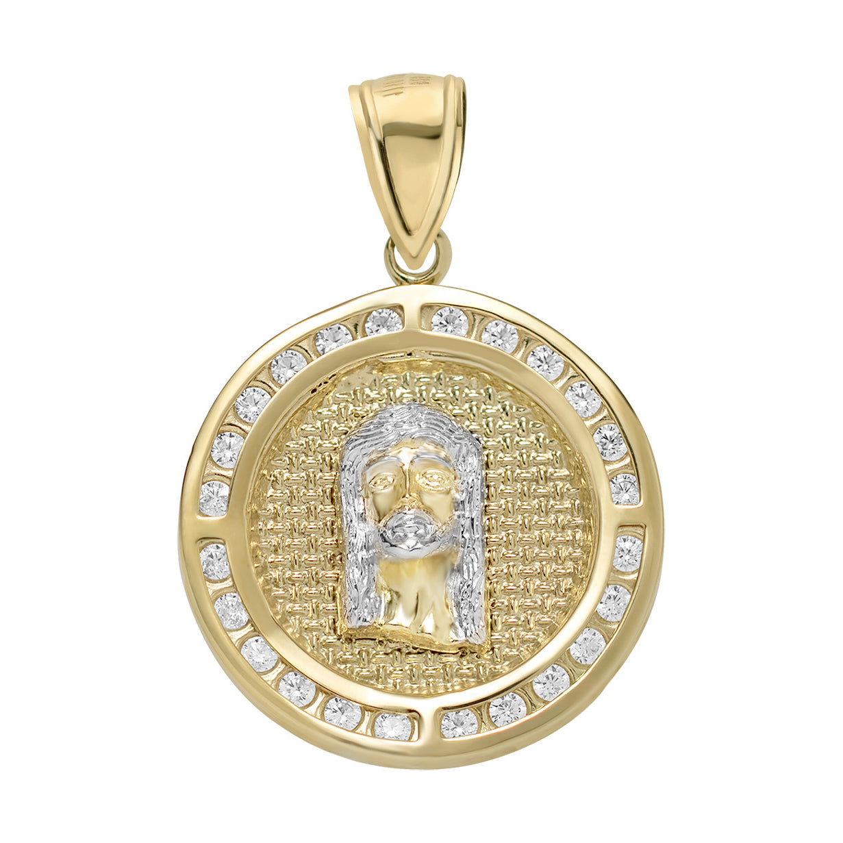 1 1/2" Jesus Head Textured CZ Round Medallion Pendant 10K Yellow Gold