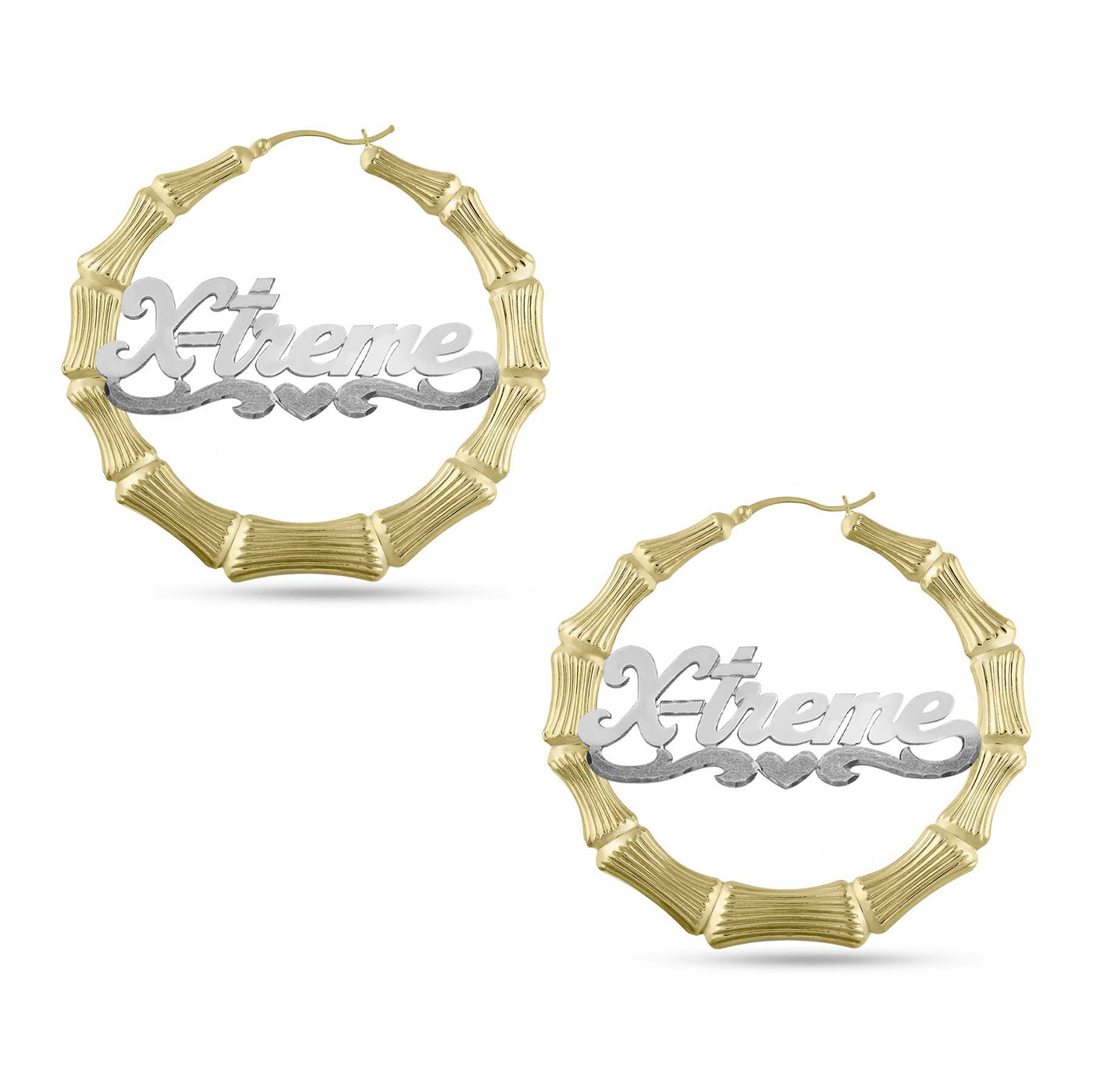 Ladies Script Name Plate Bamboo Hoop Earrings 14K Gold - Style 104