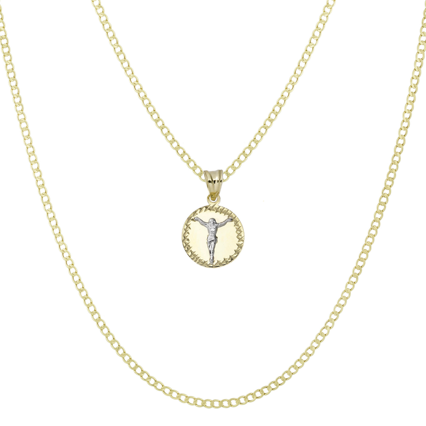 1" Jesus Christ Crucifix Medallion Pendant & Chain Necklace Set 10K Yellow White Gold