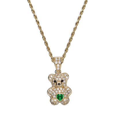 1" CZ Teddy Bear Heart Pendant Necklace 14K Yellow Gold