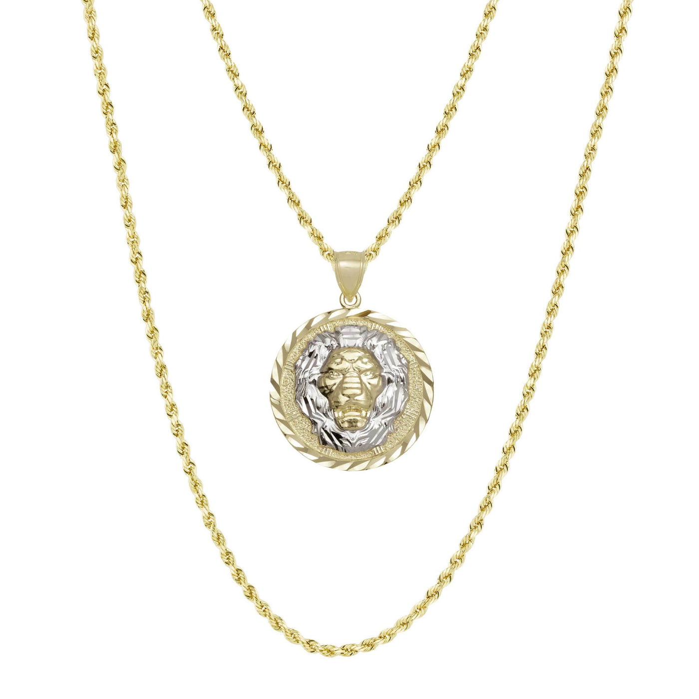 1 3/8" Diamond-Cut Lion Medallion Pendant & Chain Necklace Set 10K Yellow White Gold