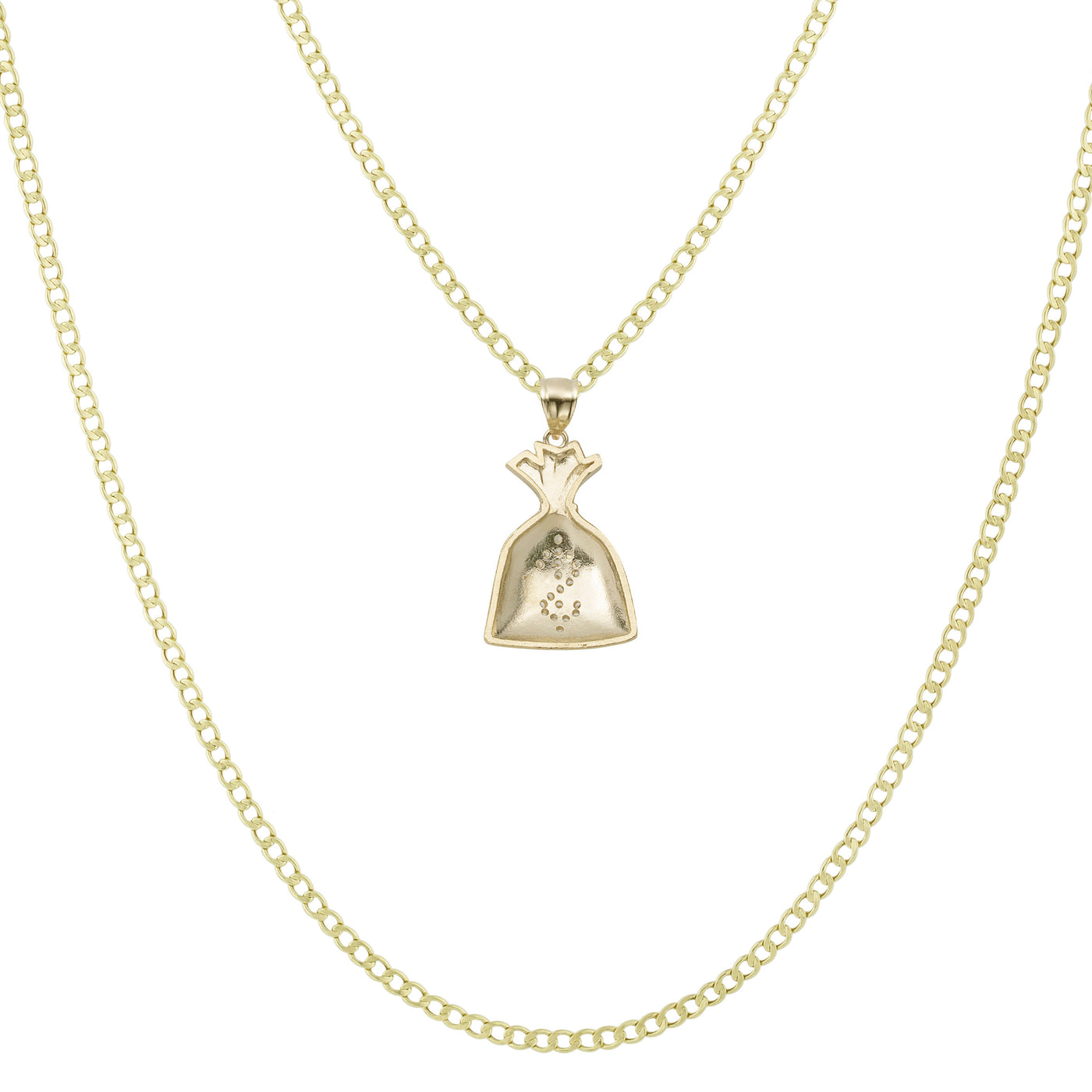 1 1/4" Money Bag CZ Pendant & Chain Necklace Set 10K Yellow Gold