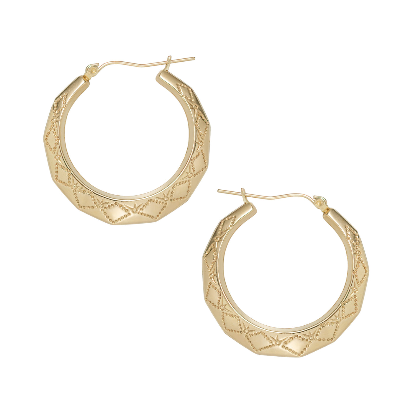 3/4" Rhombus Shape Textured Hoop Earrings 10K Yellow Gold
