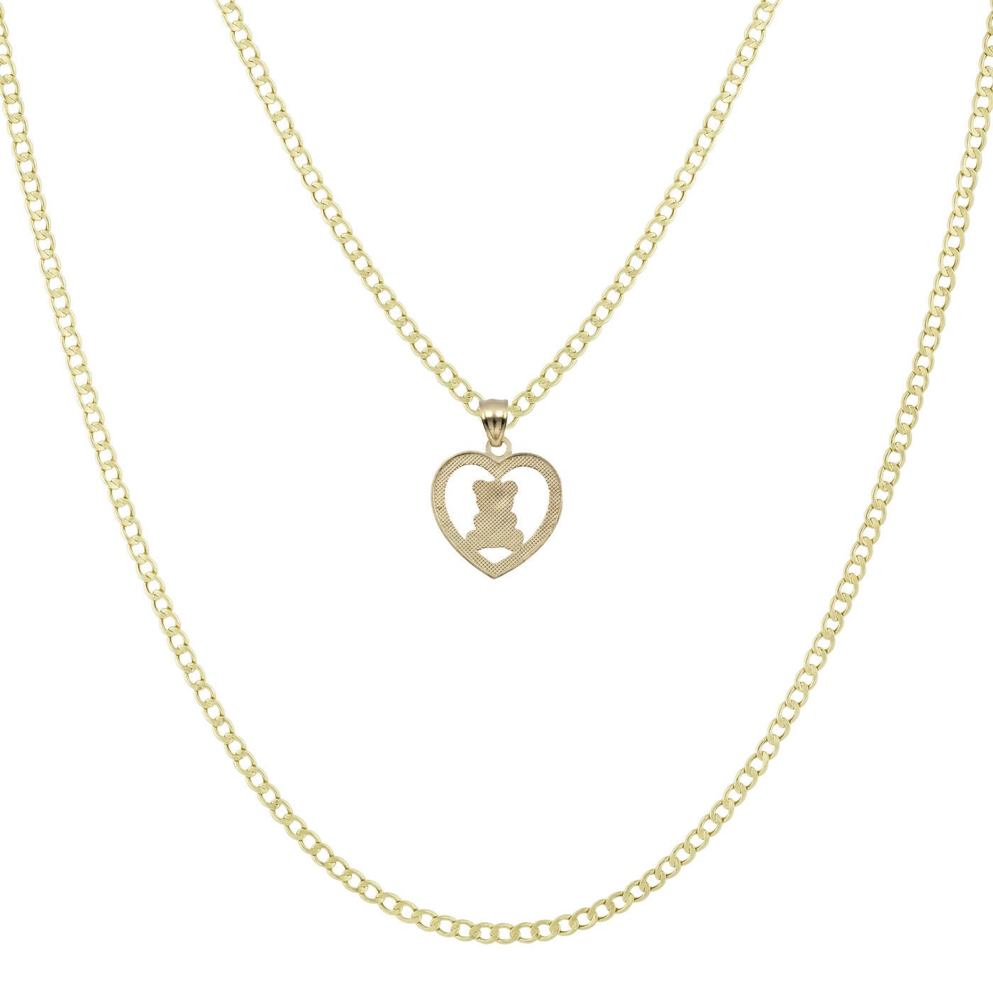 3/4" Teddy Bear in Heart Pendant Chain & Necklace Set 10K Yellow White Gold