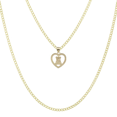 3/4" Teddy Bear in Heart Pendant Chain & Necklace Set 10K Yellow White Gold