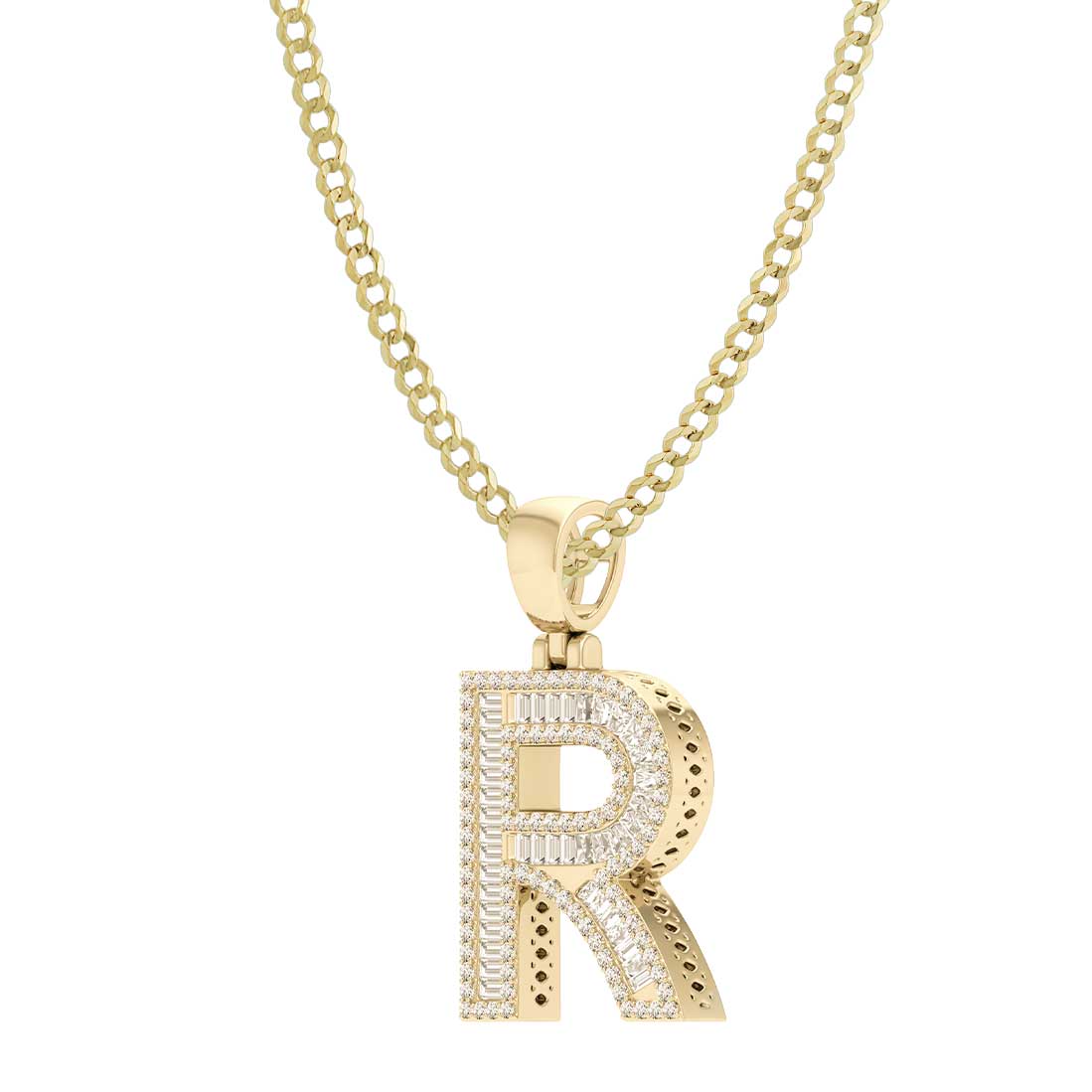 Women's Baguette & Round Cut Diamond "R" Initial Pendant Necklace 0.67ct 14K Gold