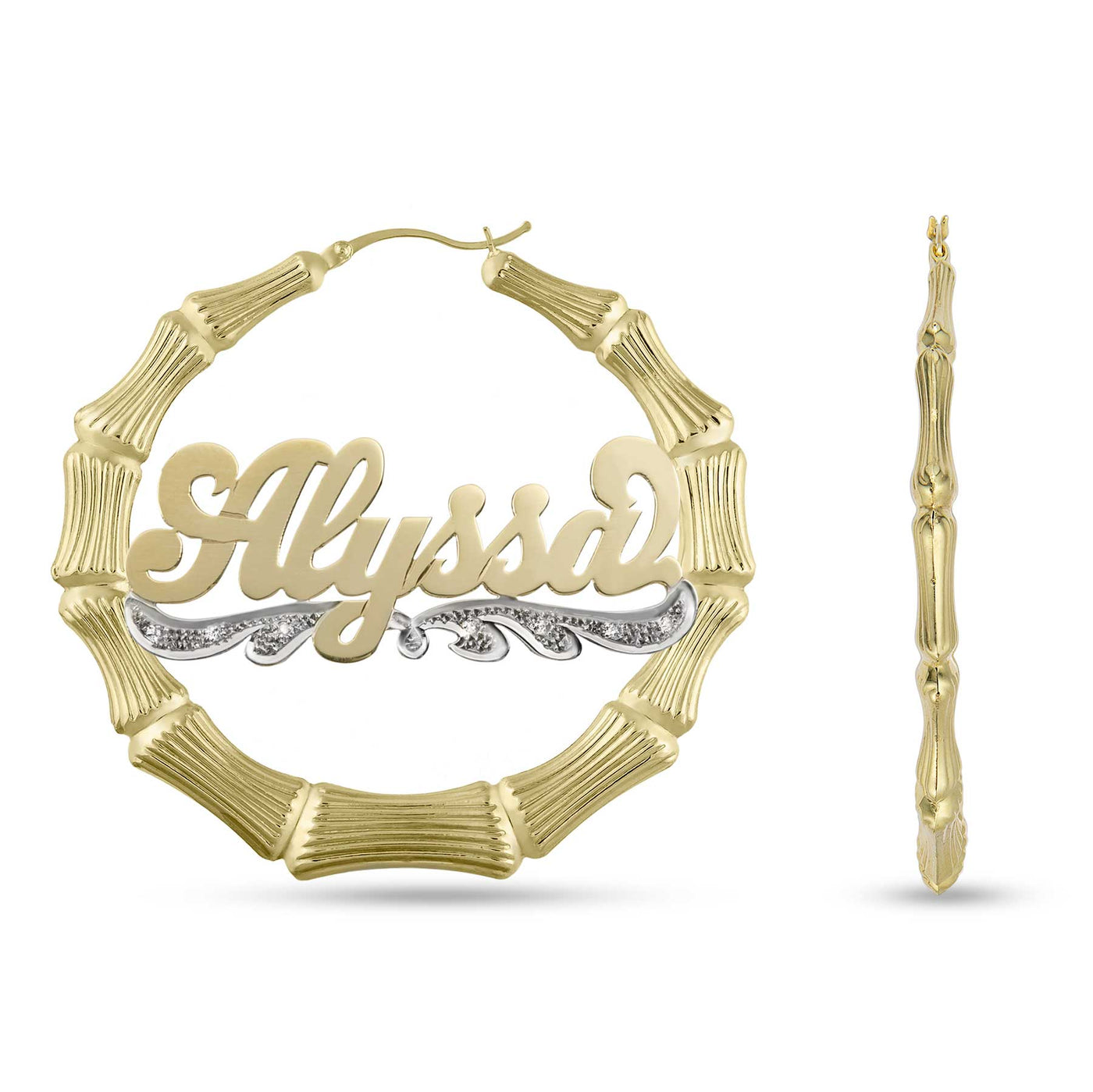 Ladies Diamond Script Name Plate Bamboo Hoop Earrings 14K Gold - Style 70