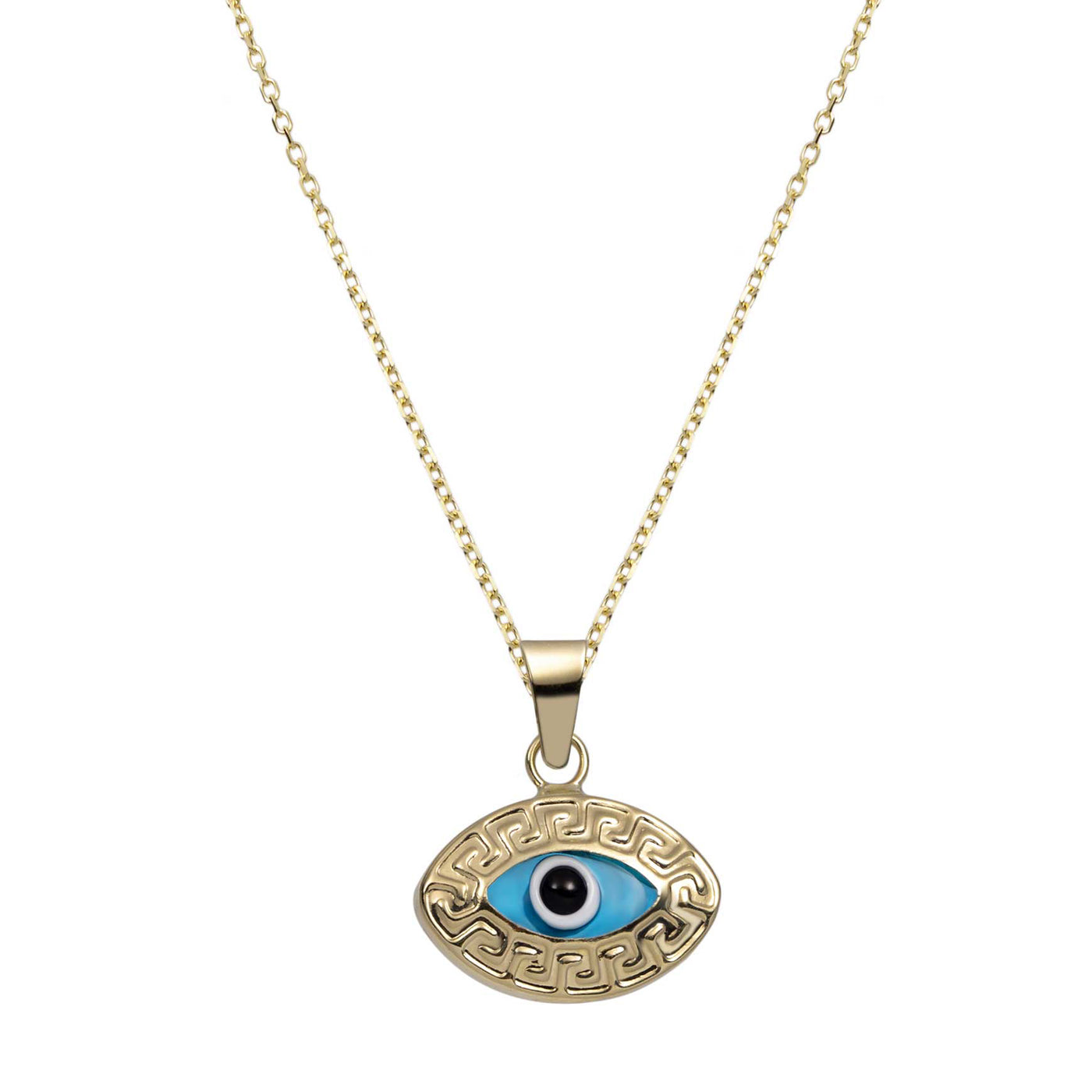 Greek Key Design Evil Eye Pendant Necklace 14K Yellow Gold