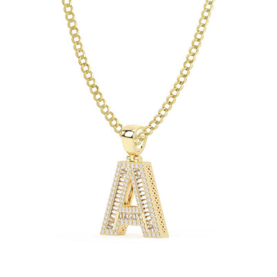 Women's Baguette & Round Cut Diamond "A" Initial Pendant Necklace 0.65ct 14K Gold