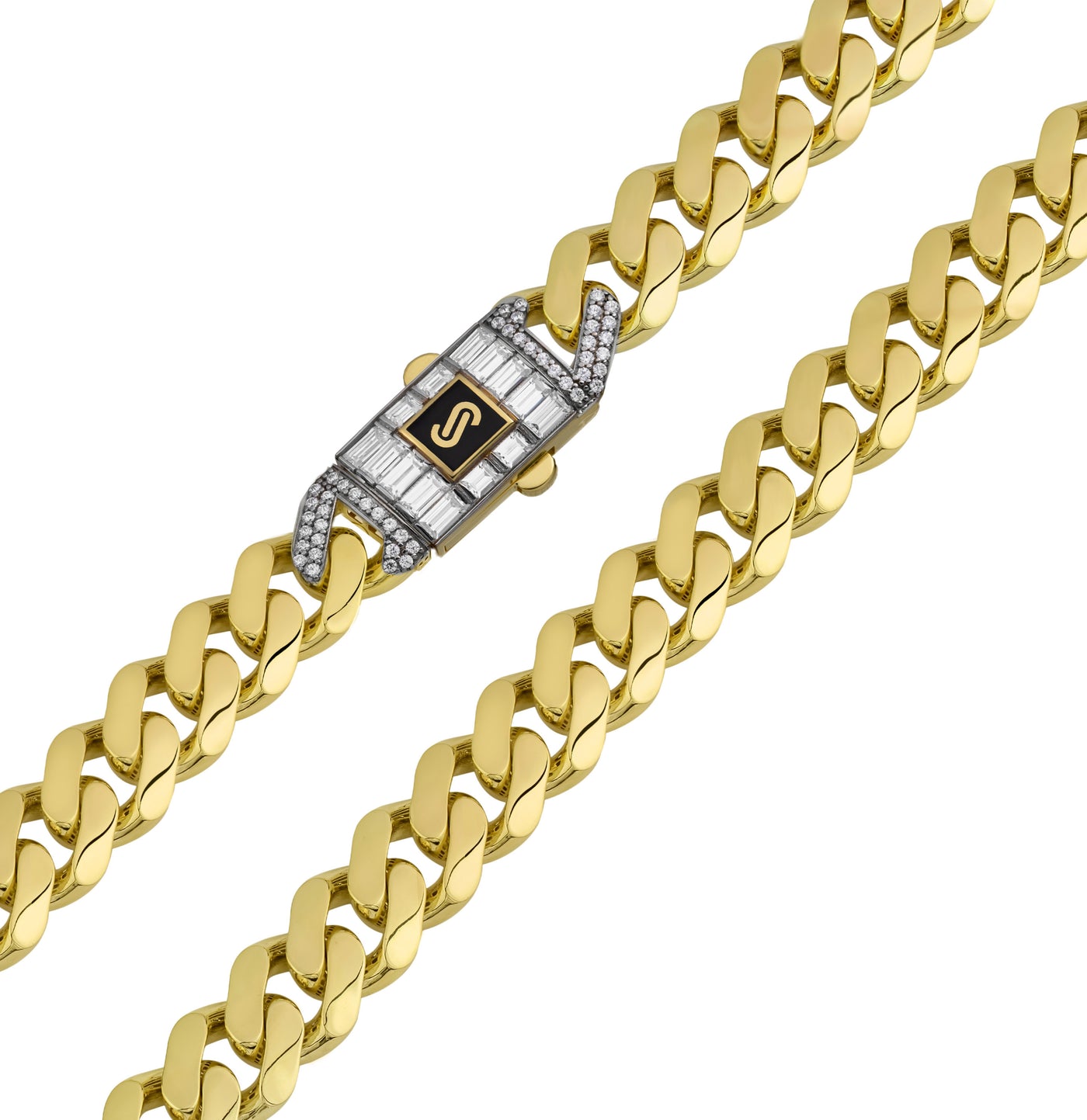 Monaco Chain Miami Cuban Link Chain Baguette CZ Lock Necklace 10K Yellow Gold - Hollow