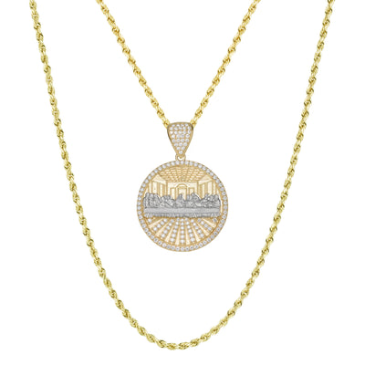 1 3/4" The Last Supper Round CZ Medallion Pendant & Chain Necklace Set 10K Yellow Gold
