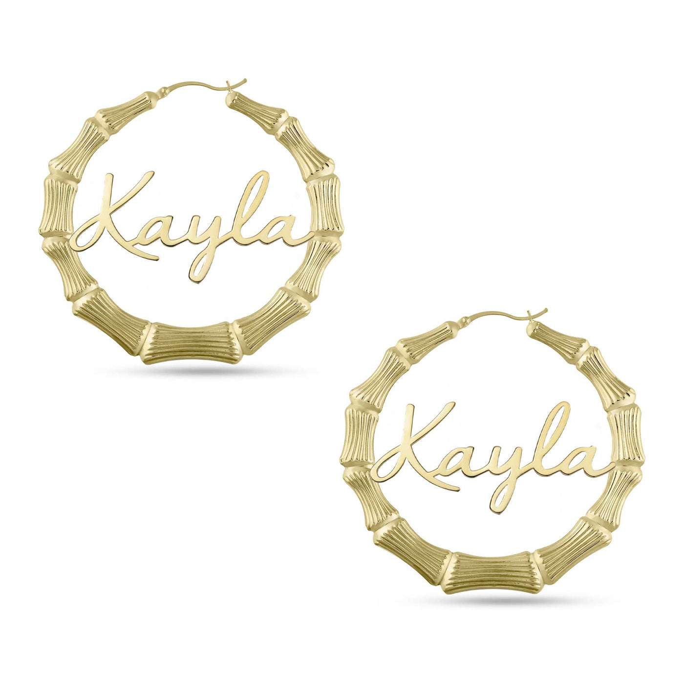 Ladies Script Name Plate Bamboo Hoop Earrings 14K Gold - Style 10