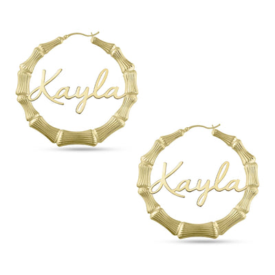 Ladies Script Name Plate Bamboo Hoop Earrings 14K Gold - Style 10