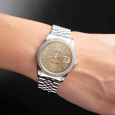 Rolex Datejust Diamond Bezel Watch 36mm Yellow Champagne Roman Dial | 1.25ct