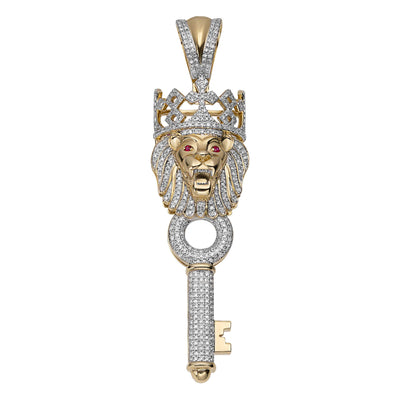 3" Diamond & Ruby Lion with Crown Key Pendant 1.05ct 10K Yellow Gold
