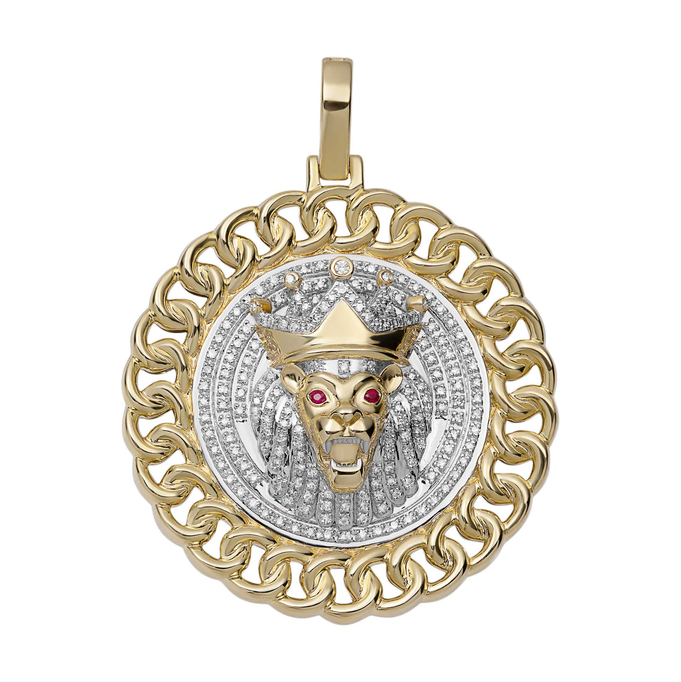 1 3/4" Diamond & Ruby Curb Link-Frame Lion Medallion Pendant 0.50ct 10K Yellow Gold