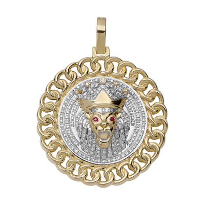 1 3/4" Diamond & Ruby Curb Link-Frame Lion Medallion Pendant 0.50ct 10K Yellow Gold